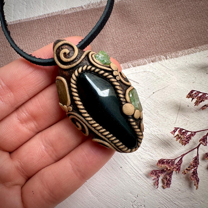 Black Obsidian with Green Tourmaline and Tsavorite Pendant Necklace - FairyGardenGlow