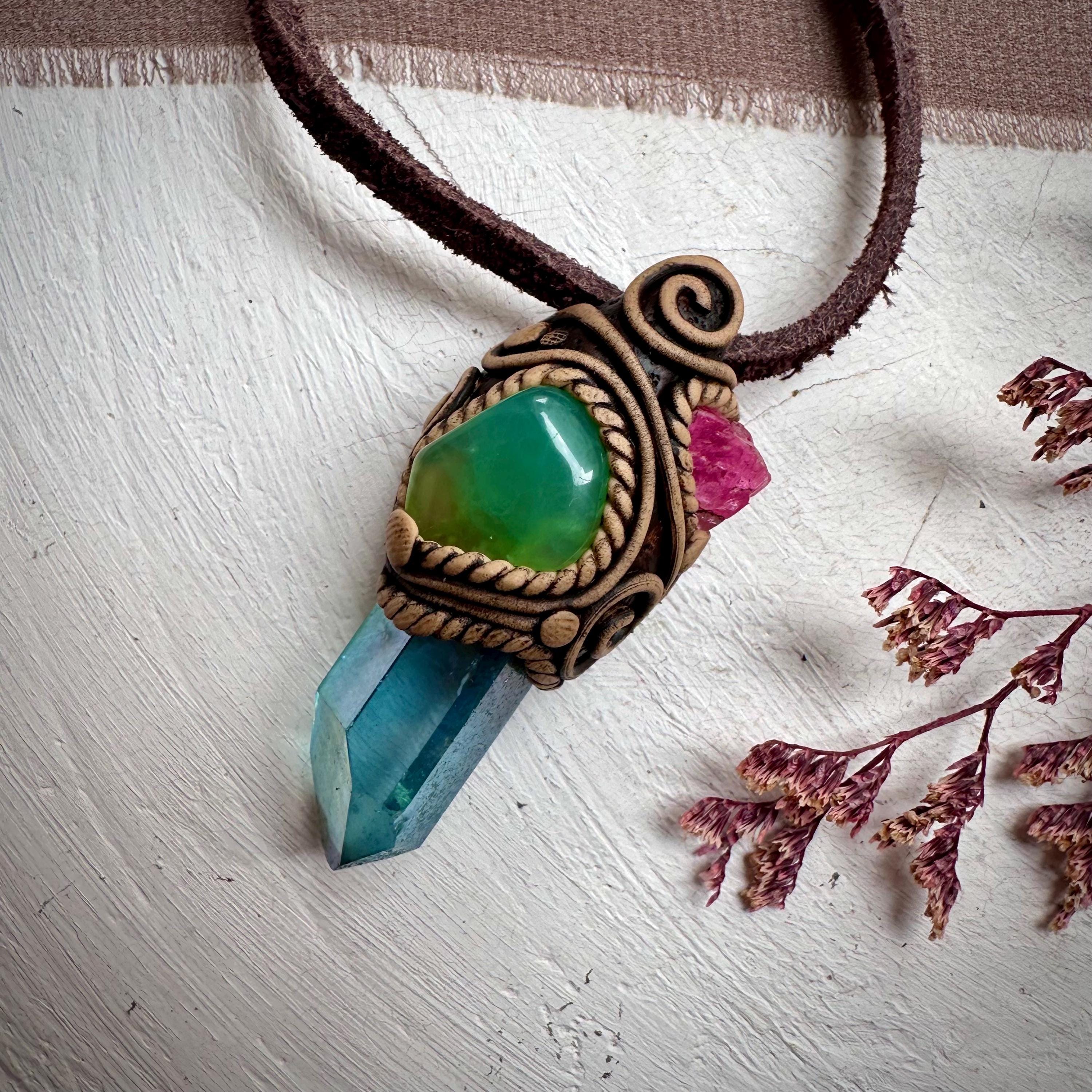 Aqua Aura Quartz Chrysoprase and Raw Spinel Necklace - FairyGardenGlow