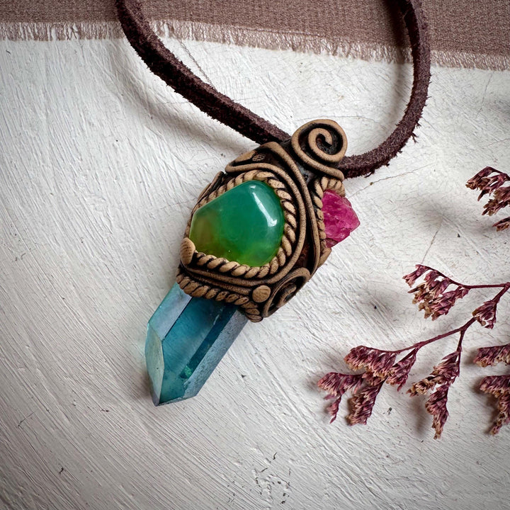Aqua Aura Quartz Chrysoprase and Raw Spinel Necklace - FairyGardenGlow
