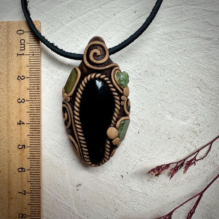 Black Obsidian with Green Tourmaline and Tsavorite Pendant Necklace - FairyGardenGlow