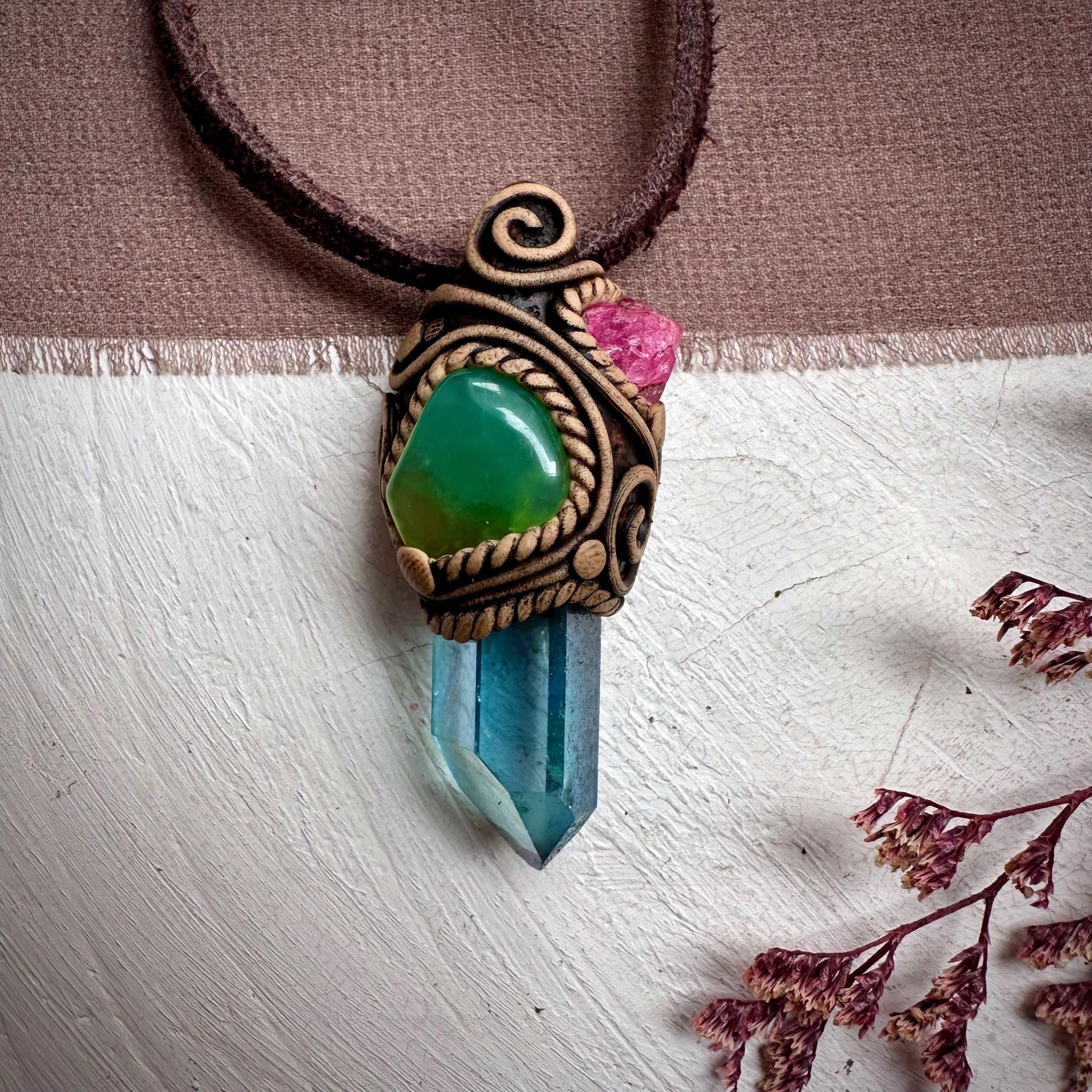 Aqua Aura Quartz Chrysoprase and Raw Spinel Necklace - FairyGardenGlow
