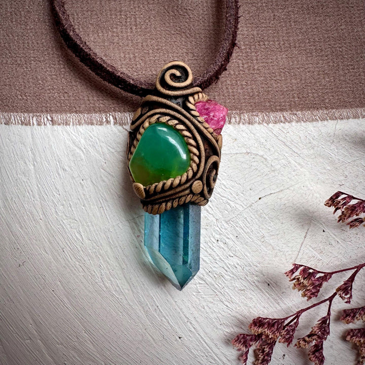 Aqua Aura Quartz Chrysoprase and Raw Spinel Necklace - FairyGardenGlow