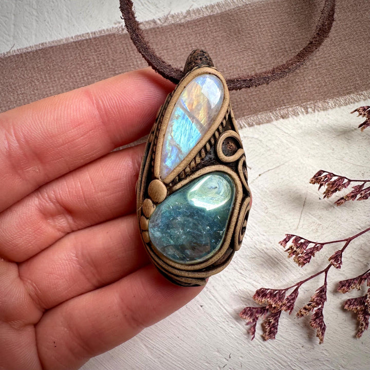 Aqua Aura Quartz and Rainbow Moonstone Necklace - FairyGardenGlow