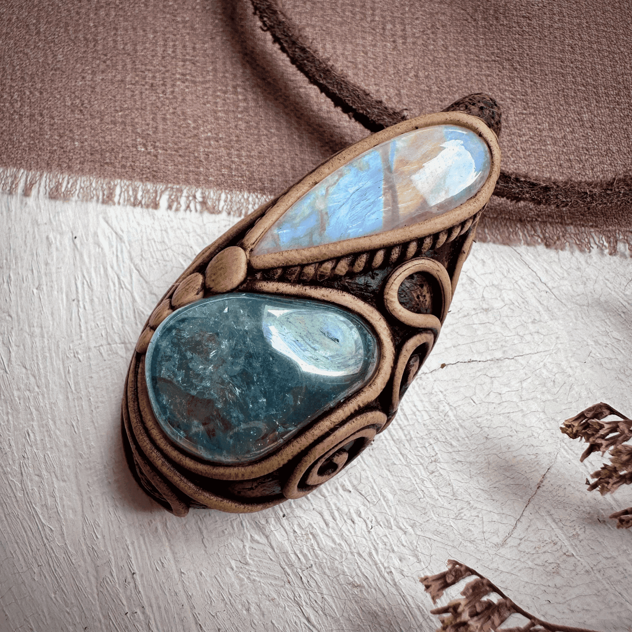 Aqua Aura Quartz and Rainbow Moonstone Necklace - FairyGardenGlow