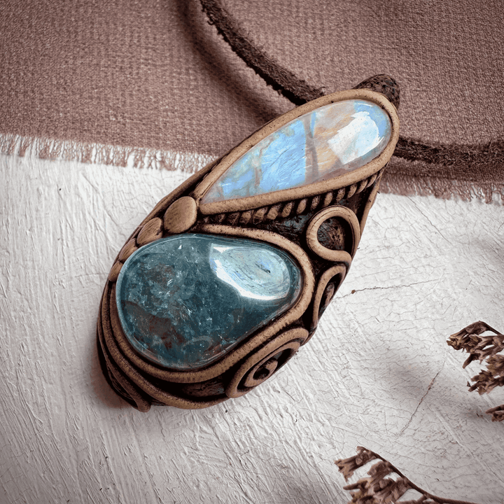Aqua Aura Quartz and Rainbow Moonstone Necklace - FairyGardenGlow