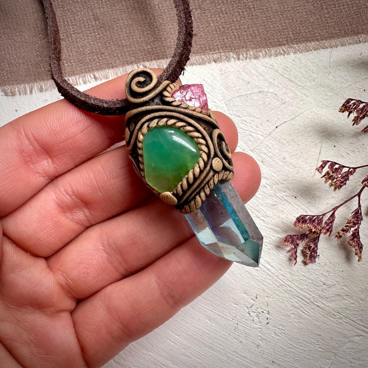 Aqua Aura Quartz Chrysoprase and Raw Spinel Necklace - FairyGardenGlow
