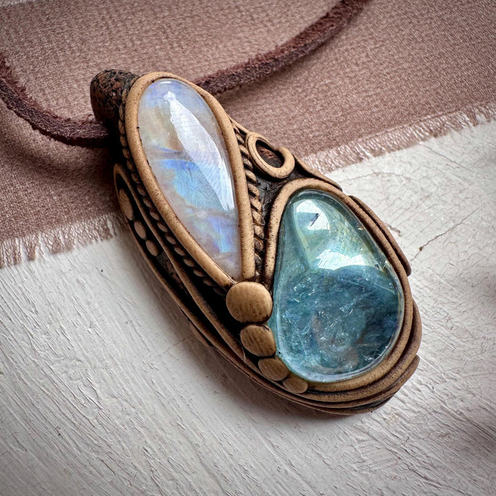 Aqua Aura Quartz and Rainbow Moonstone Necklace - FairyGardenGlow