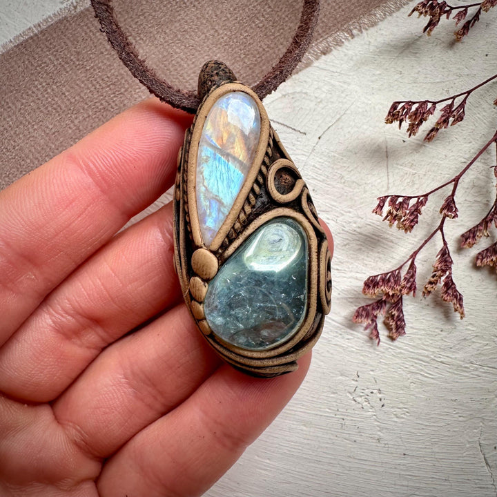 Aqua Aura Quartz and Rainbow Moonstone Necklace - FairyGardenGlow
