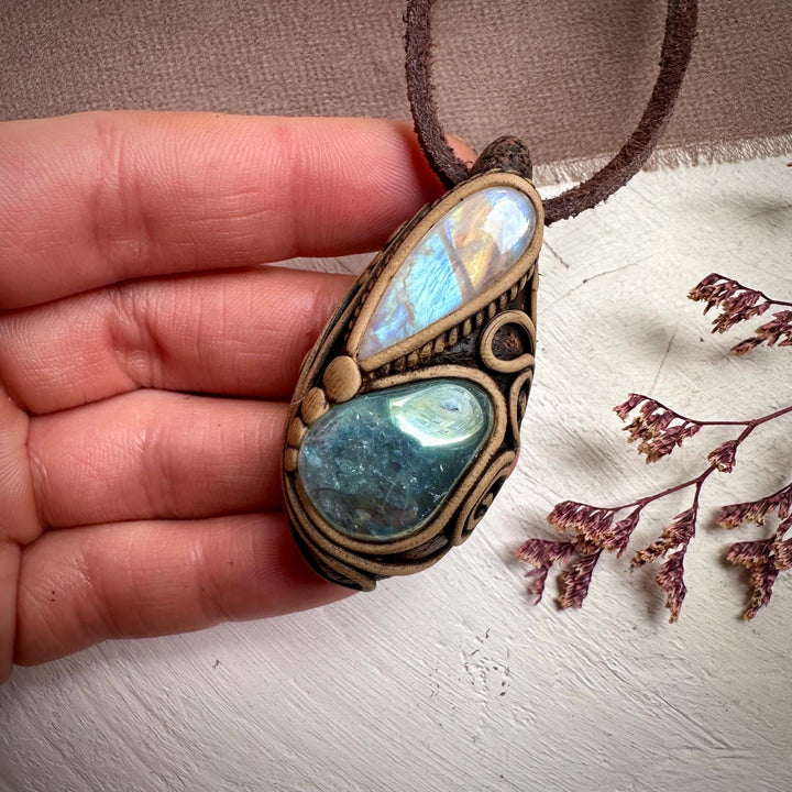 Aqua Aura Quartz and Rainbow Moonstone Necklace - FairyGardenGlow
