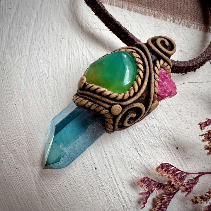 Aqua Aura Quartz Chrysoprase and Raw Spinel Necklace - FairyGardenGlow