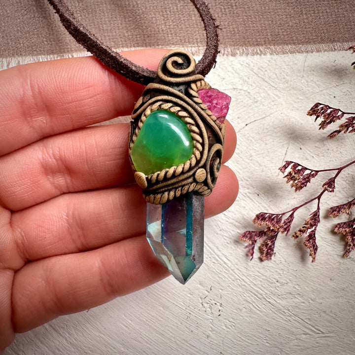 Aqua Aura Quartz Chrysoprase and Raw Spinel Necklace - FairyGardenGlow