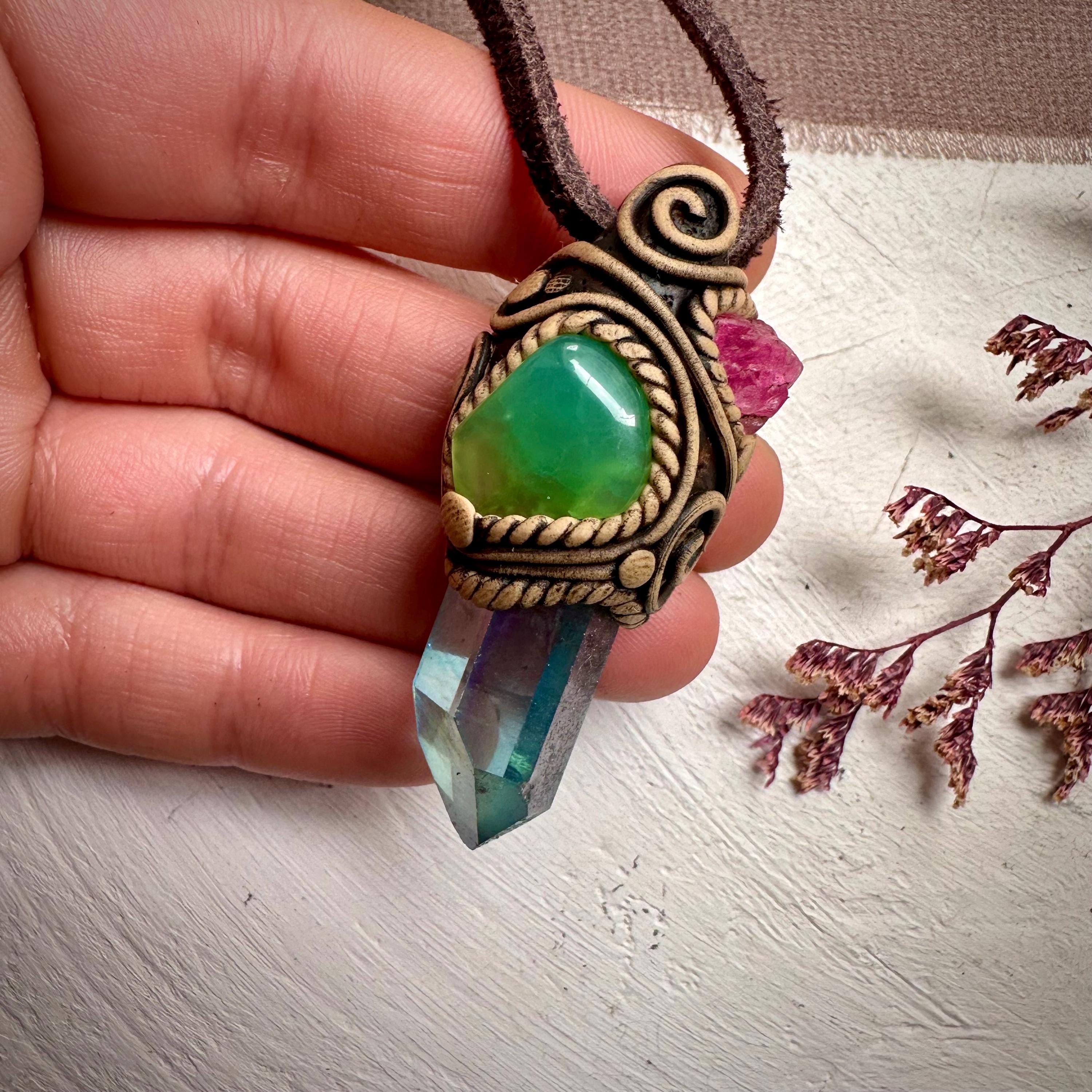 Aqua Aura Quartz Chrysoprase and Raw Spinel Necklace - FairyGardenGlow