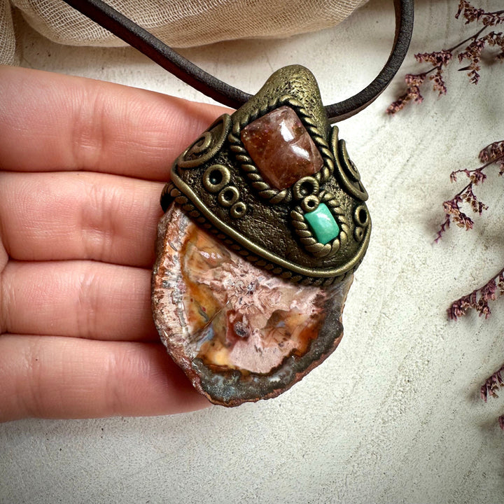 Petrified Wood Sunstone and Tibetan Turquoise Pendant Necklace - FairyGardenGlow