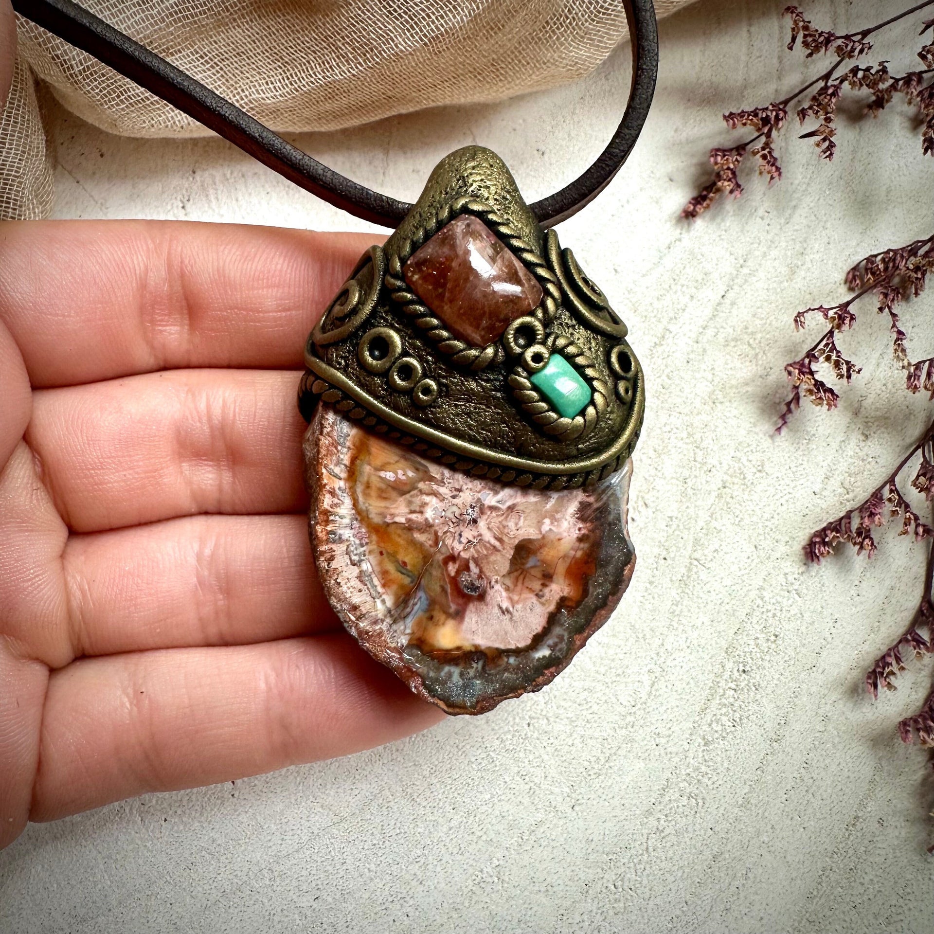 Petrified Wood Sunstone and Tibetan Turquoise Pendant Necklace - FairyGardenGlow