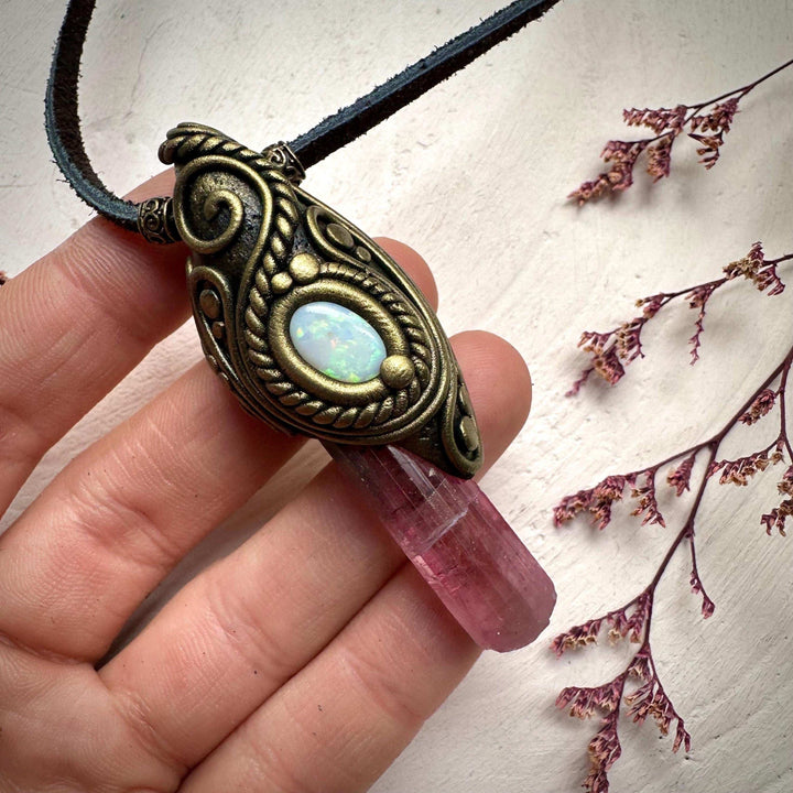Pink Tourmaline and Australian Opal Necklace - FairyGardenGlow