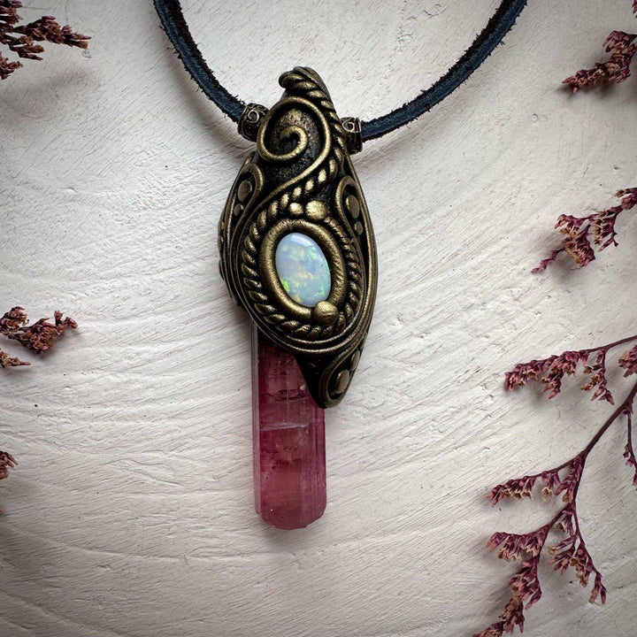 Pink Tourmaline and Australian Opal Necklace - FairyGardenGlow