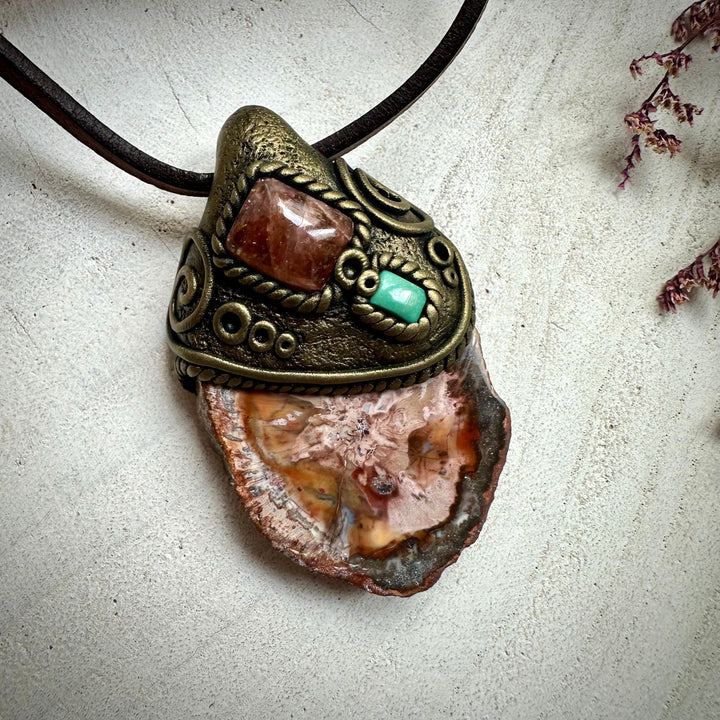 Petrified Wood Sunstone and Tibetan Turquoise Pendant Necklace - FairyGardenGlow