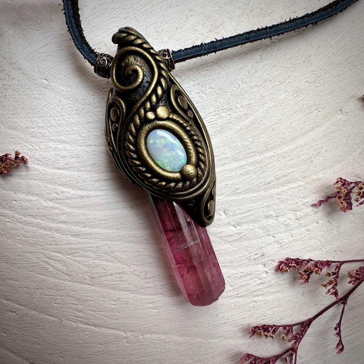 Pink Tourmaline and Australian Opal Necklace - FairyGardenGlow