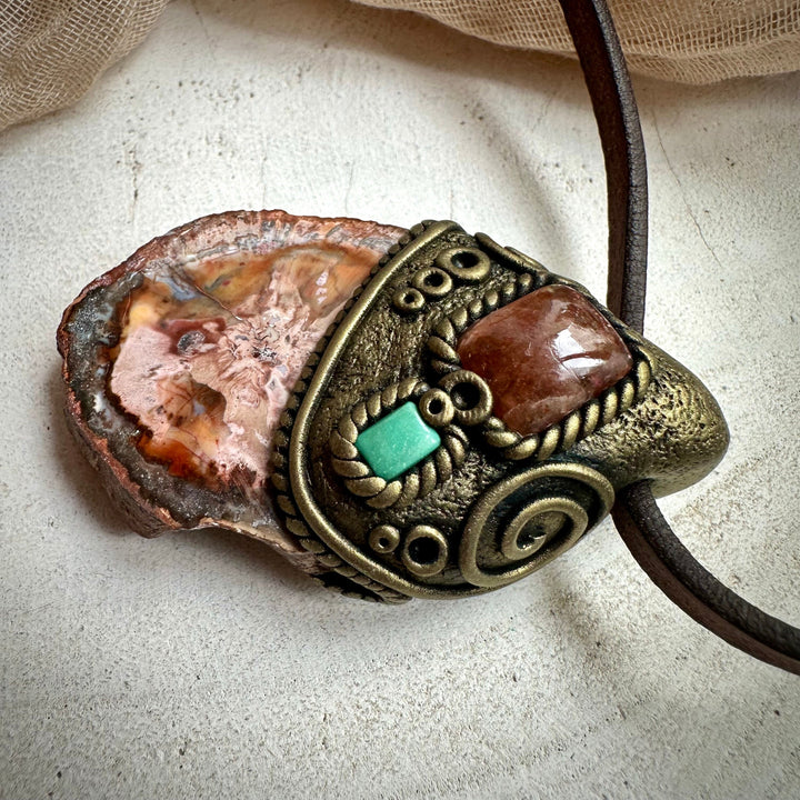 Petrified Wood Sunstone and Tibetan Turquoise Pendant Necklace - FairyGardenGlow