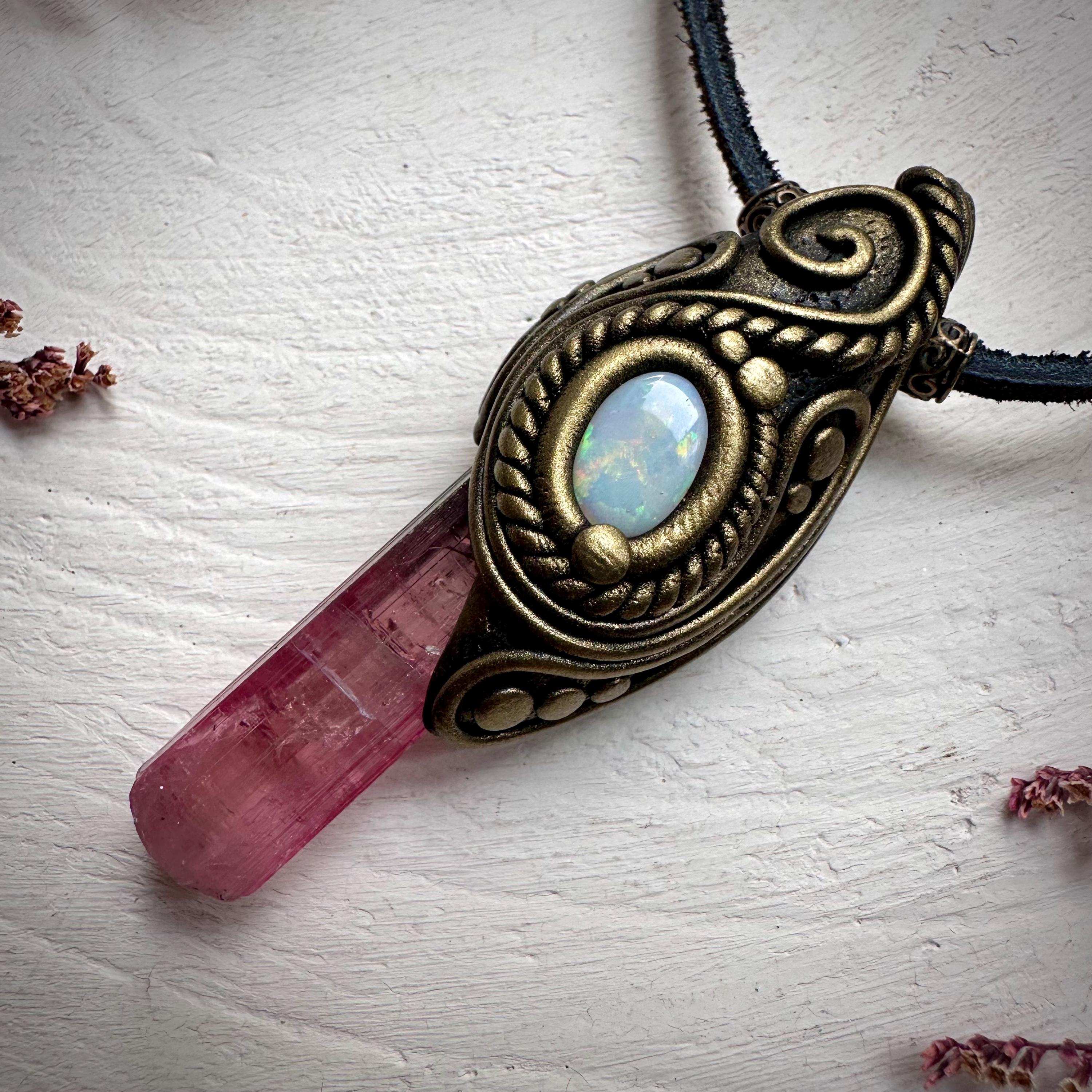 Pink Tourmaline and Australian Opal Necklace - FairyGardenGlow