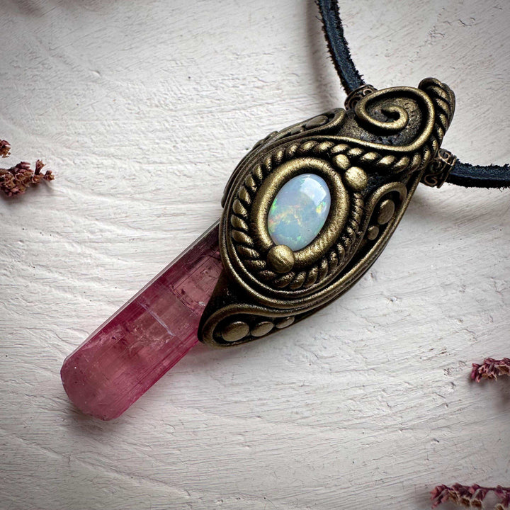 Pink Tourmaline and Australian Opal Necklace - FairyGardenGlow