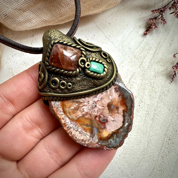 Petrified Wood Sunstone and Tibetan Turquoise Pendant Necklace - FairyGardenGlow