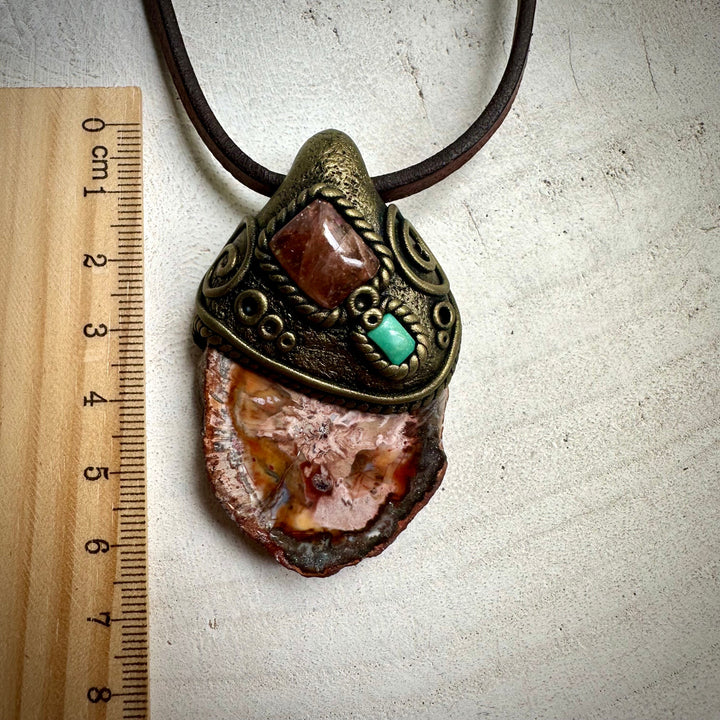 Petrified Wood Sunstone and Tibetan Turquoise Pendant Necklace - FairyGardenGlow