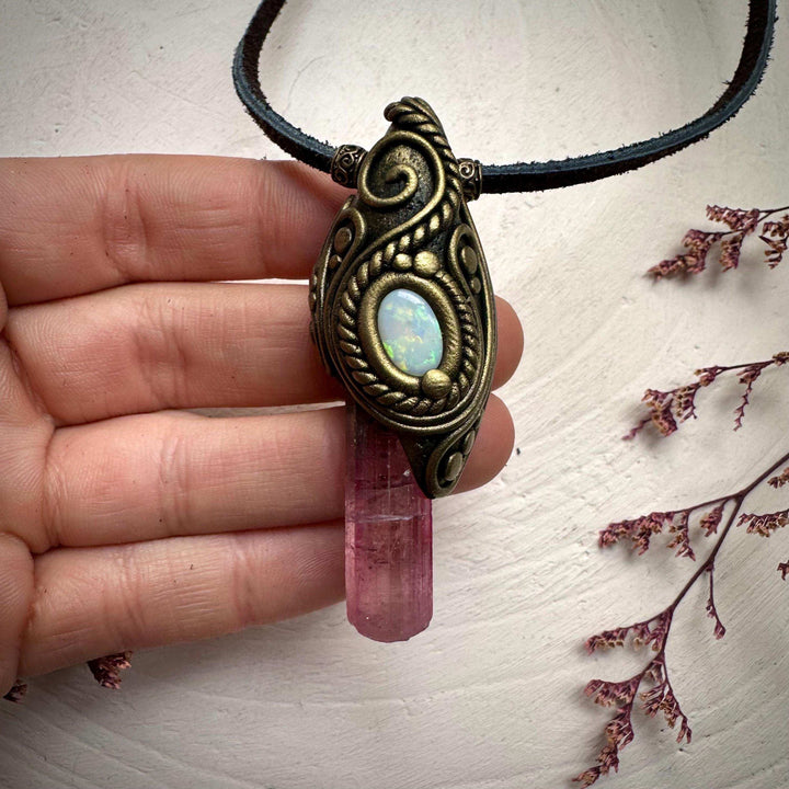 Pink Tourmaline and Australian Opal Necklace - FairyGardenGlow