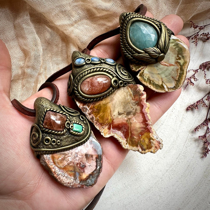 Petrified Wood Sunstone and Tibetan Turquoise Pendant Necklace - FairyGardenGlow