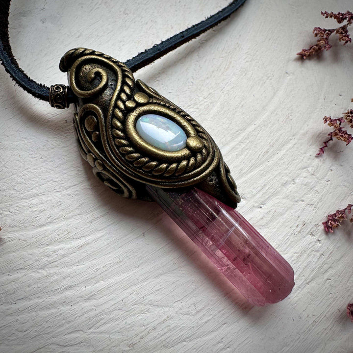 Pink Tourmaline and Australian Opal Necklace - FairyGardenGlow