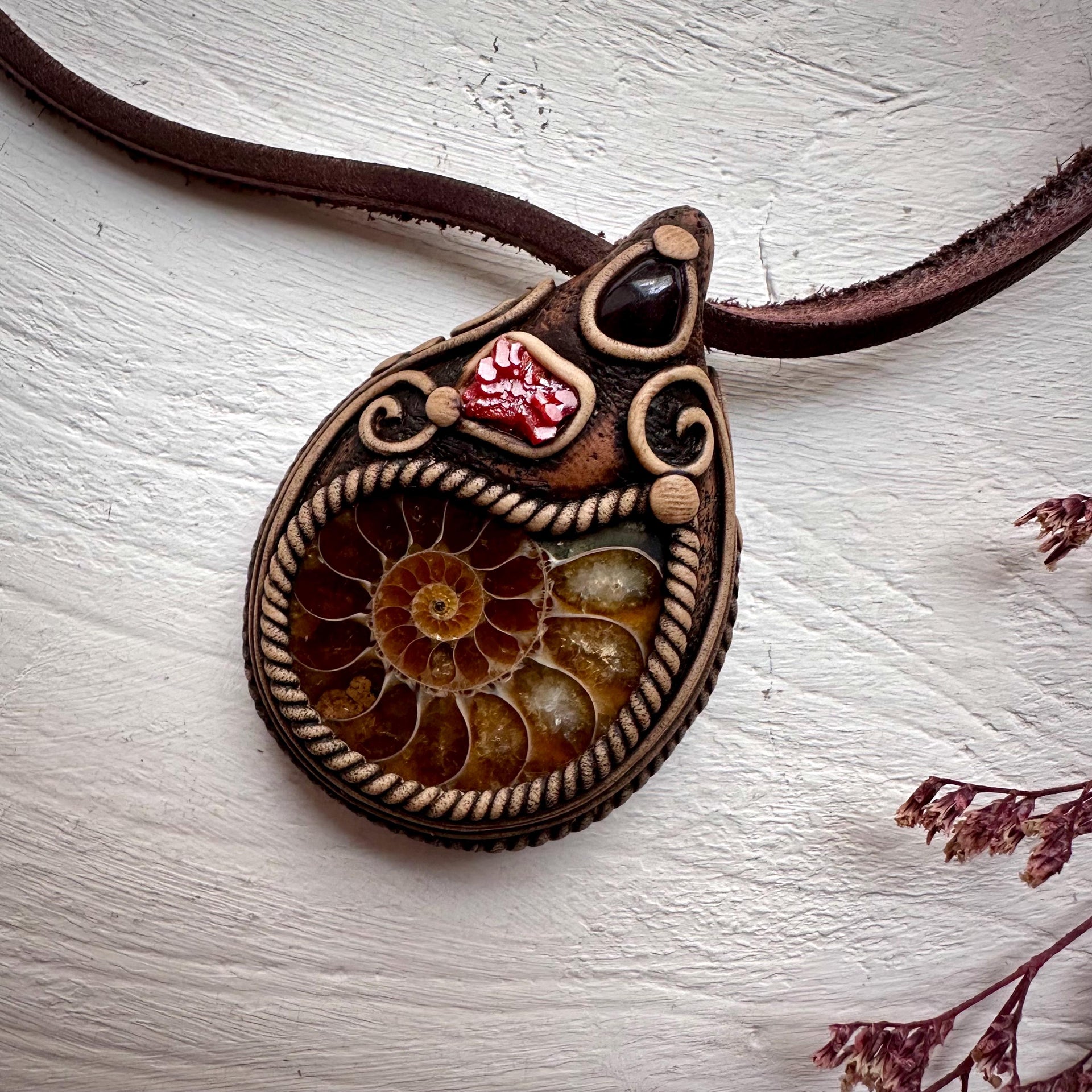 Ammonite Vanadinite and Red Garnet Necklace - FairyGardenGlow