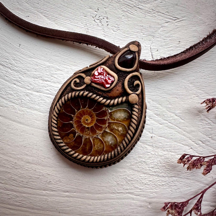 Ammonite Vanadinite and Red Garnet Necklace - FairyGardenGlow