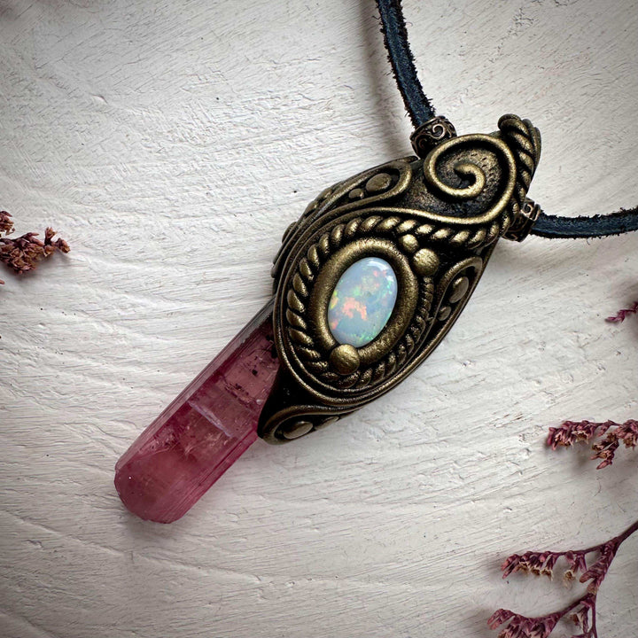 Pink Tourmaline and Australian Opal Necklace - FairyGardenGlow