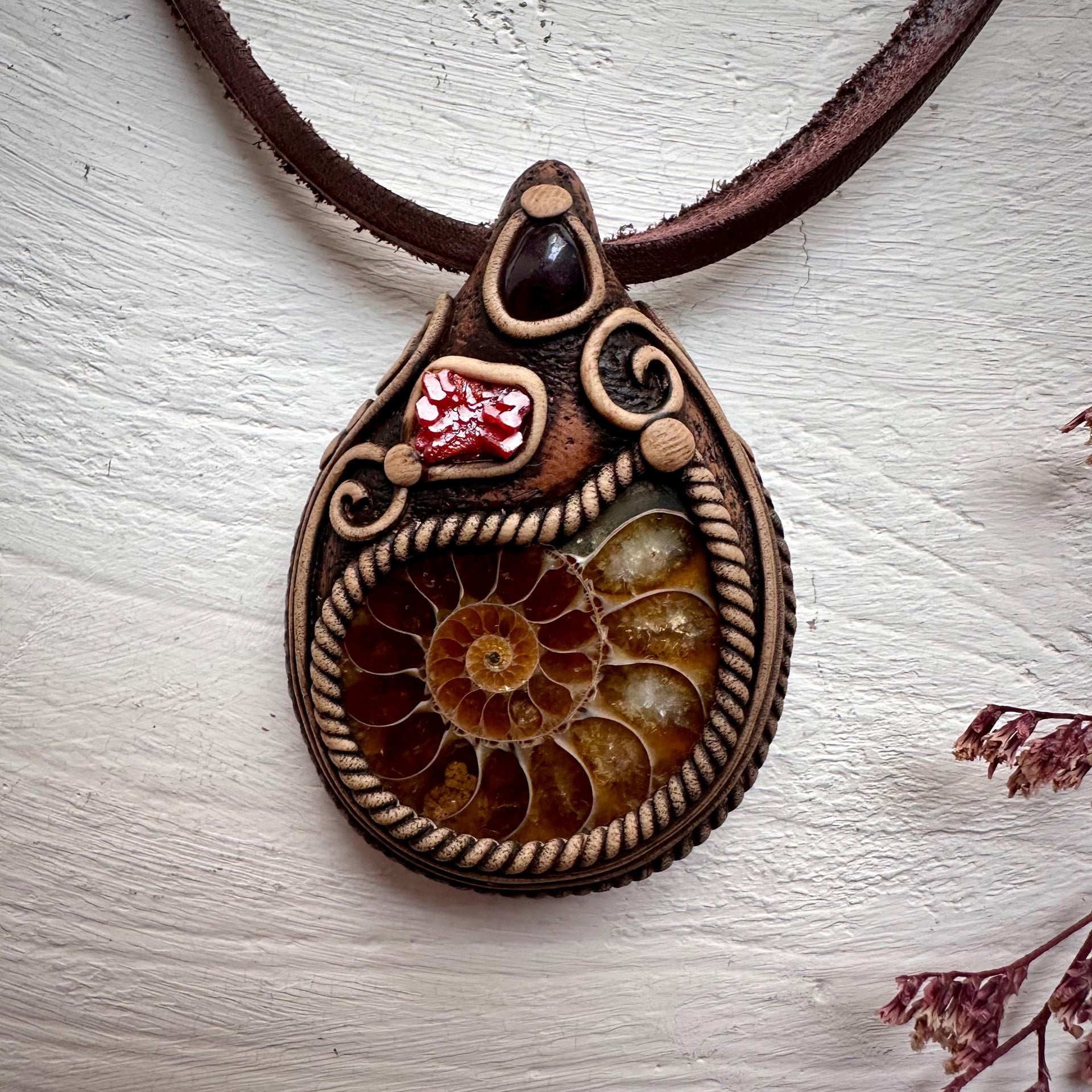 Ammonite Vanadinite and Red Garnet Necklace - FairyGardenGlow