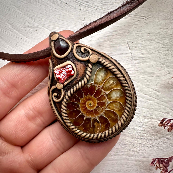 Ammonite Vanadinite and Red Garnet Necklace - FairyGardenGlow