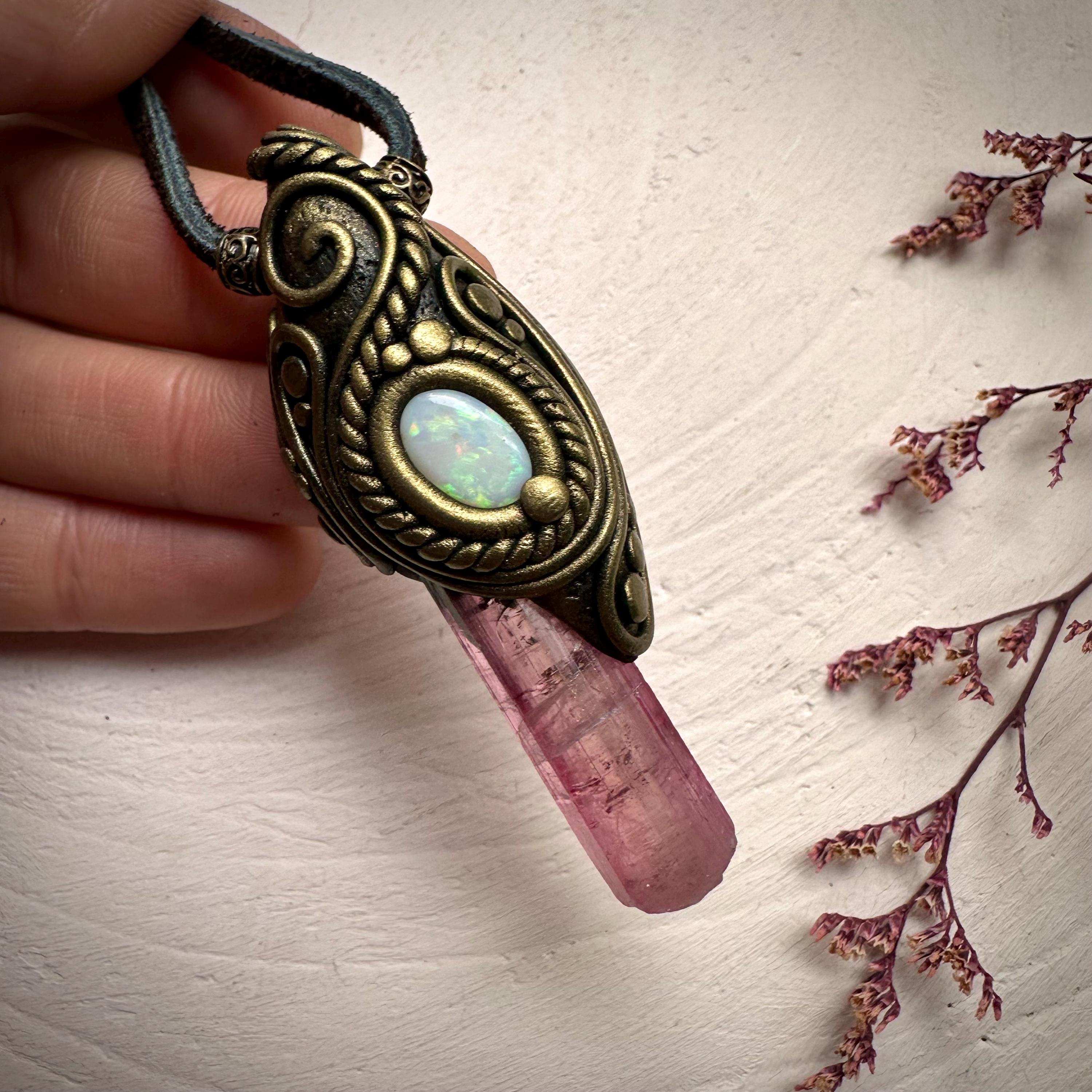 Pink Tourmaline and Australian Opal Necklace - FairyGardenGlow