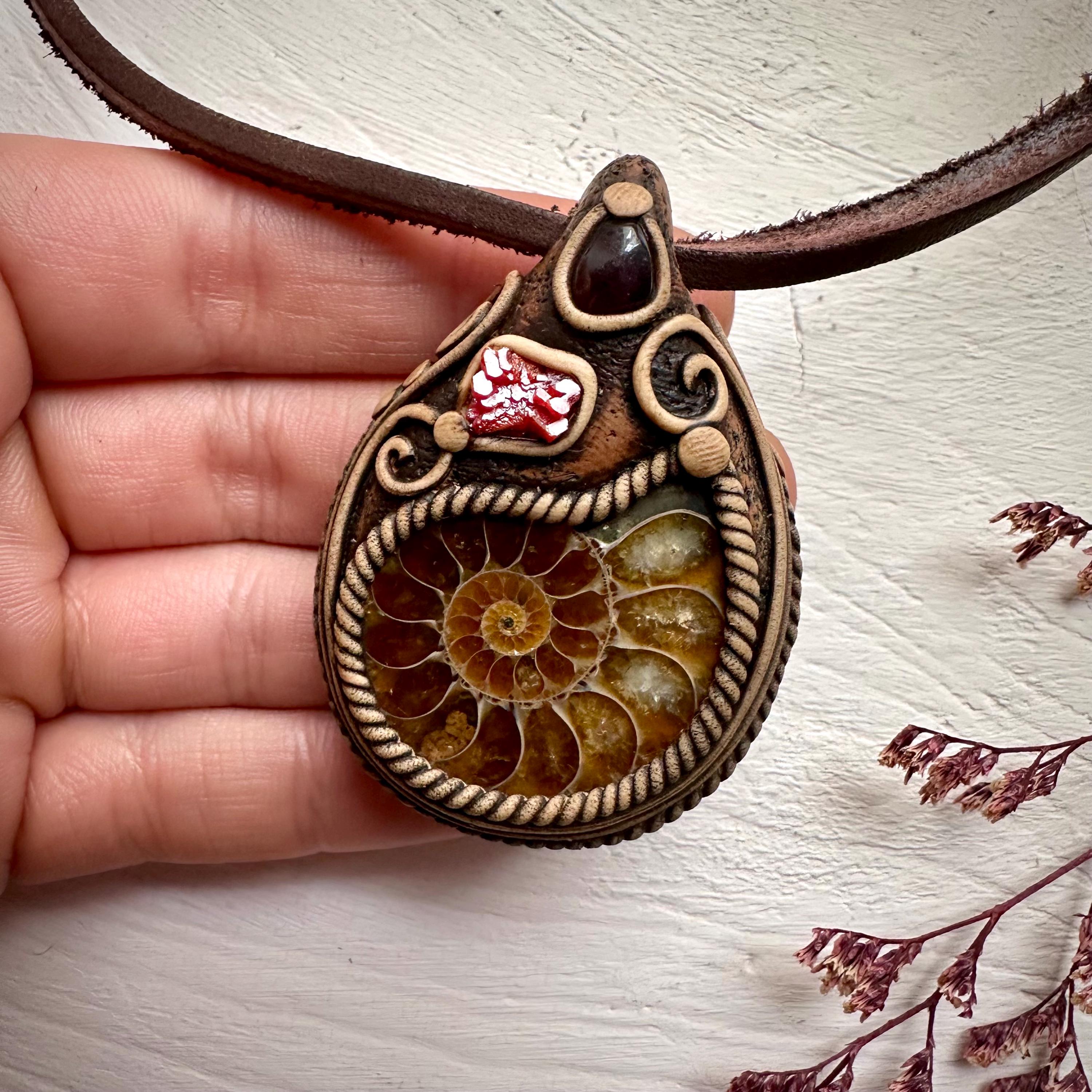 Ammonite Vanadinite and Red Garnet Necklace - FairyGardenGlow