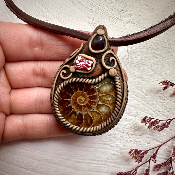 Ammonite Vanadinite and Red Garnet Necklace - FairyGardenGlow