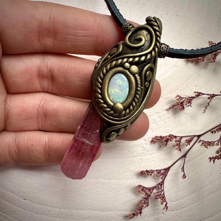 Pink Tourmaline and Australian Opal Necklace - FairyGardenGlow
