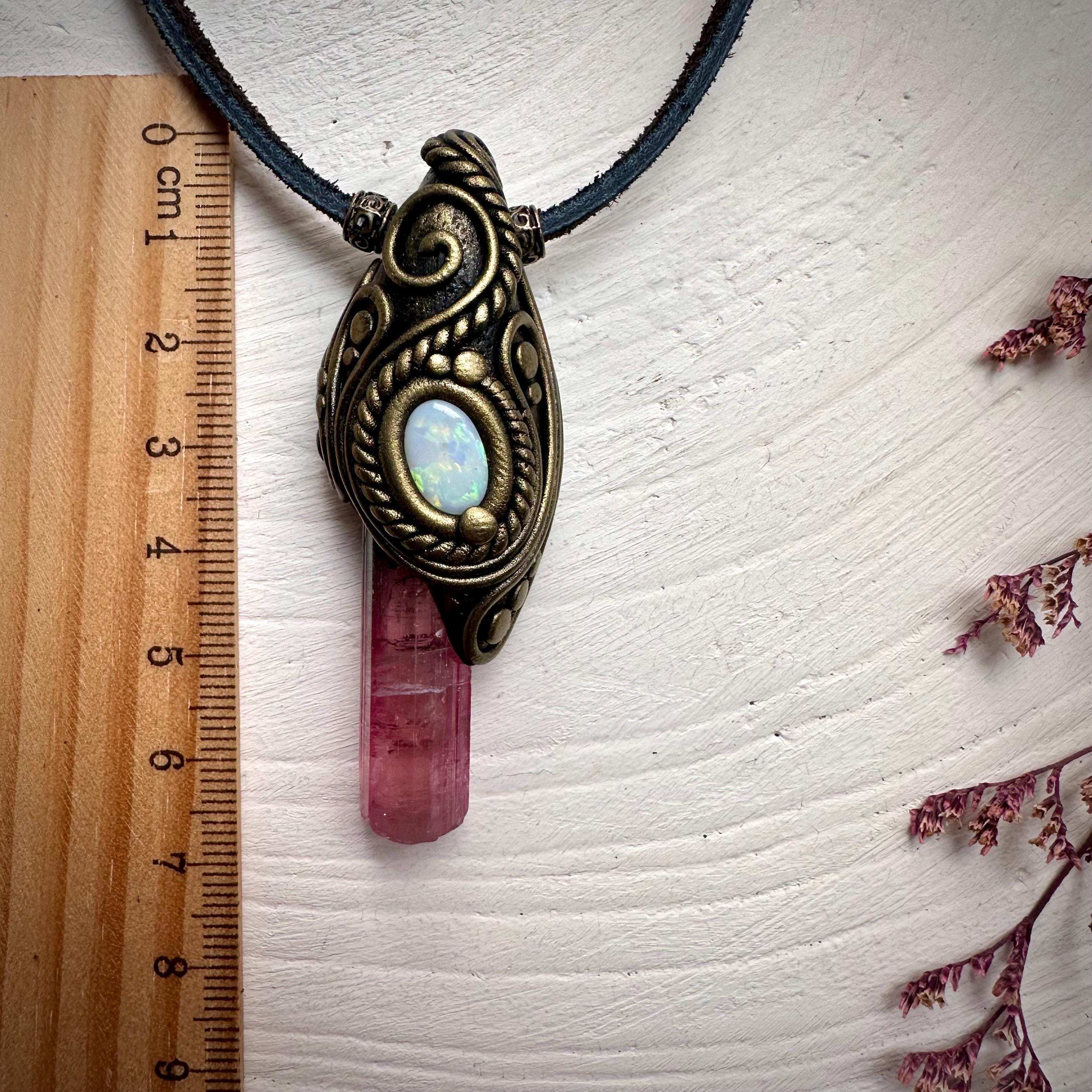 Pink Tourmaline and Australian Opal Necklace - FairyGardenGlow