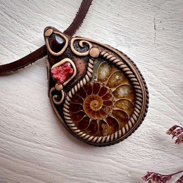 Ammonite Vanadinite and Red Garnet Necklace - FairyGardenGlow