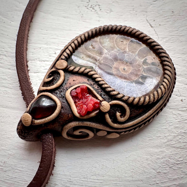 Ammonite Vanadinite and Red Garnet Necklace - FairyGardenGlow