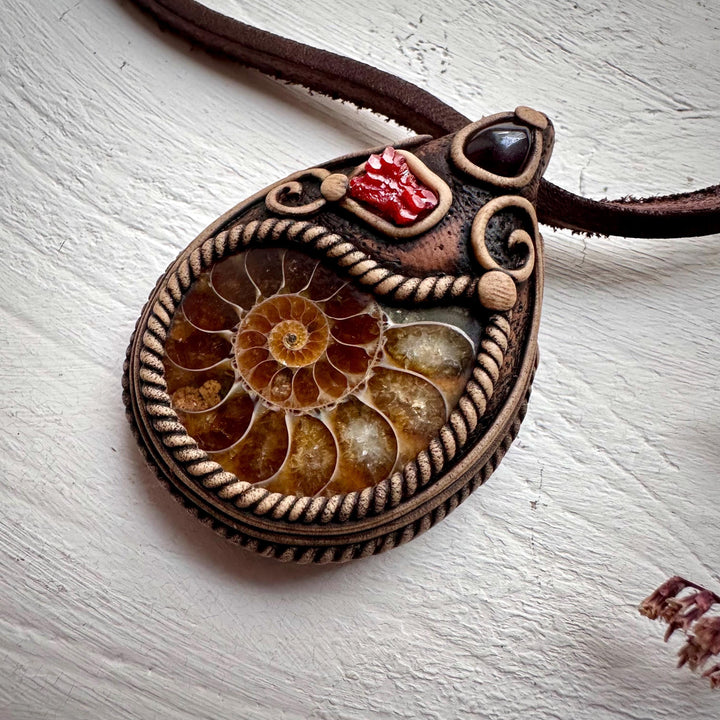 Ammonite Vanadinite and Red Garnet Necklace - FairyGardenGlow