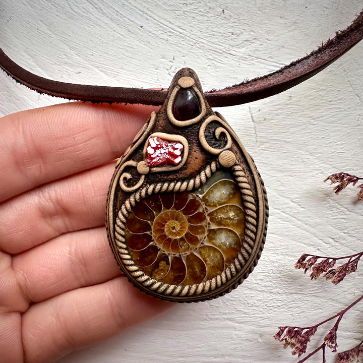 Ammonite Vanadinite and Red Garnet Necklace - FairyGardenGlow