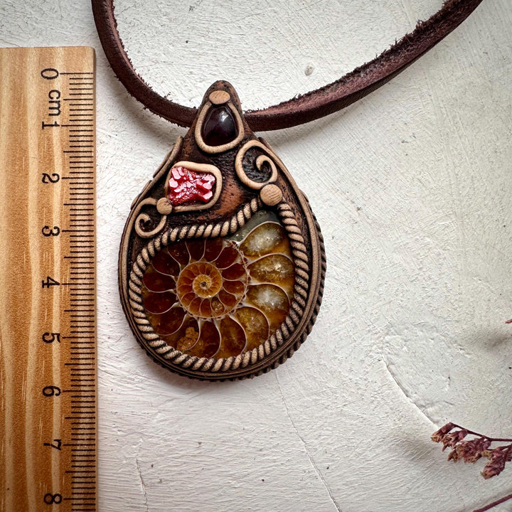 Ammonite Vanadinite and Red Garnet Necklace - FairyGardenGlow