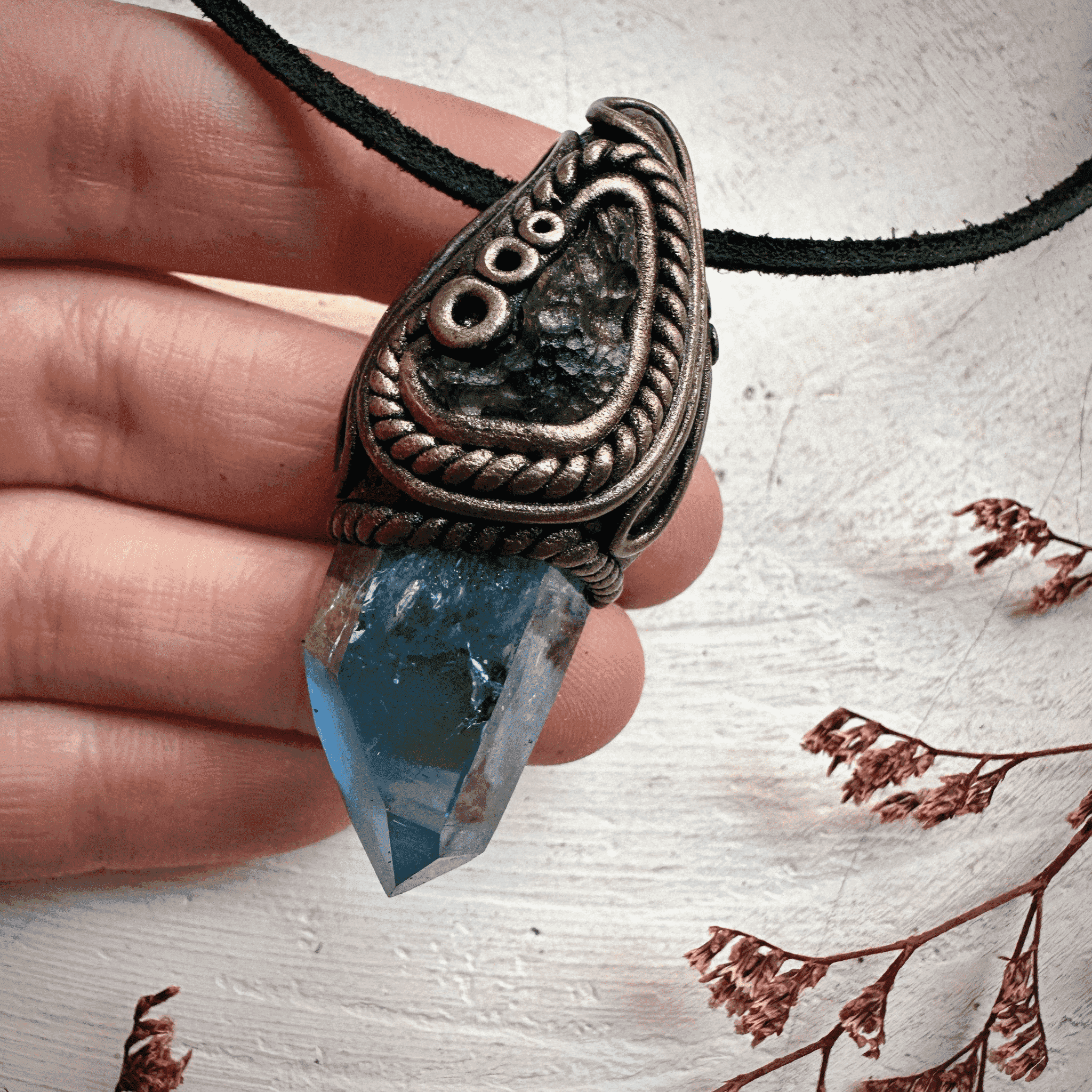 Aqua Aura Quartz and Moldavite Necklace - FairyGardenGlow