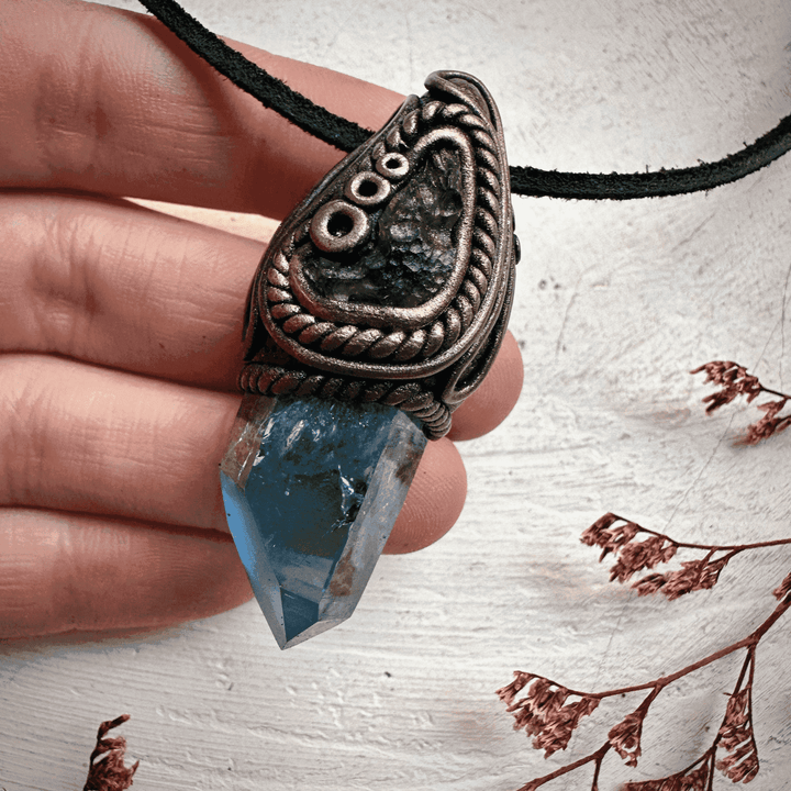 Aqua Aura Quartz and Moldavite Necklace - FairyGardenGlow