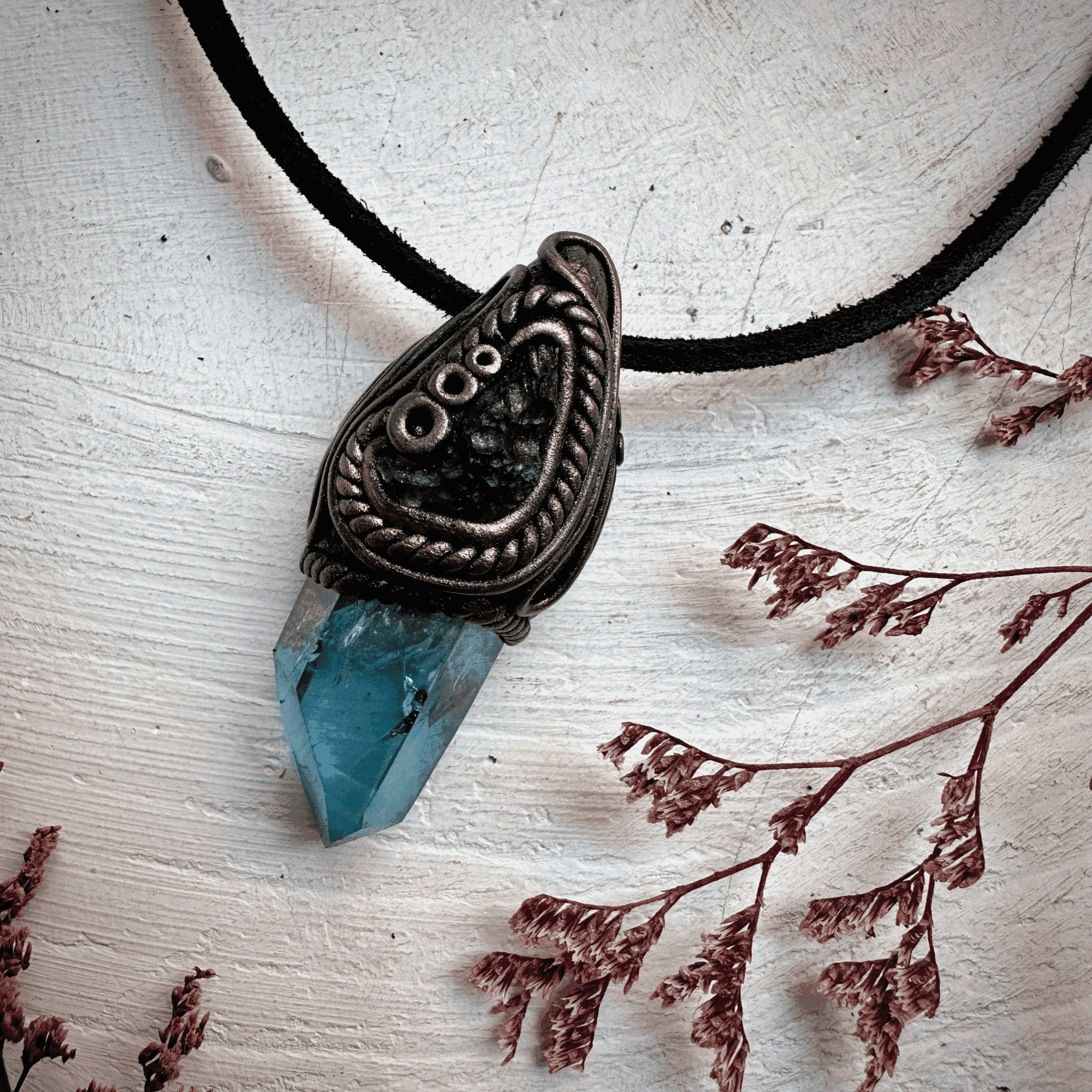 Aqua Aura Quartz and Moldavite Necklace - FairyGardenGlow