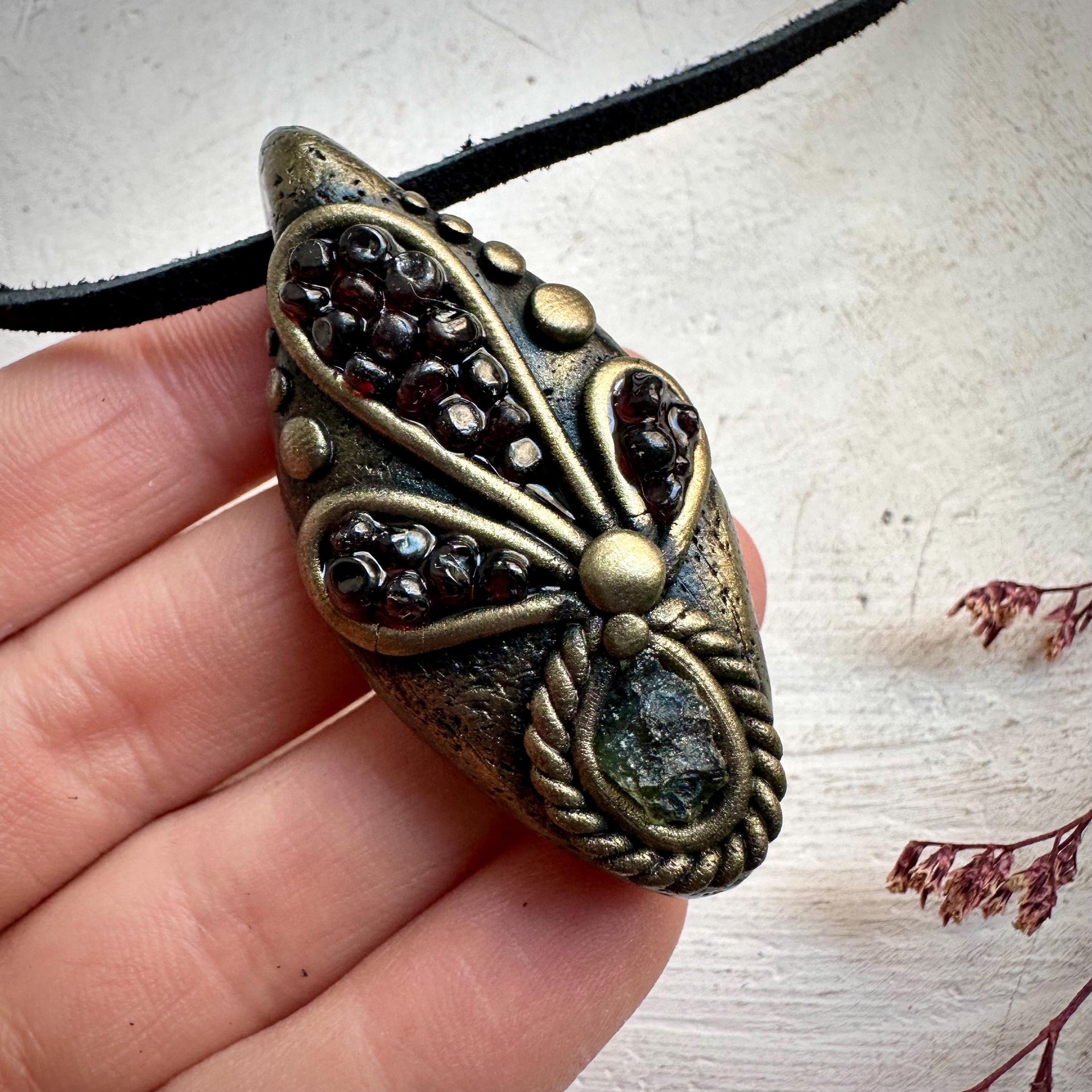 Moldavite and Red Garnet Necklace - FairyGardenGlow