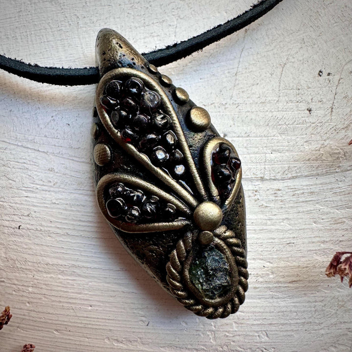 Moldavite and Red Garnet Necklace - FairyGardenGlow